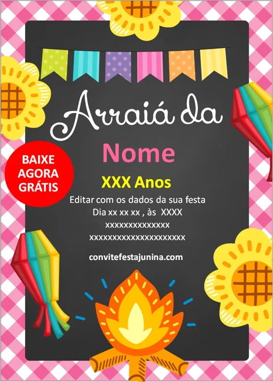 Convite Festa Junina Xadrez Gratis - Fazendo a Nossa Festa